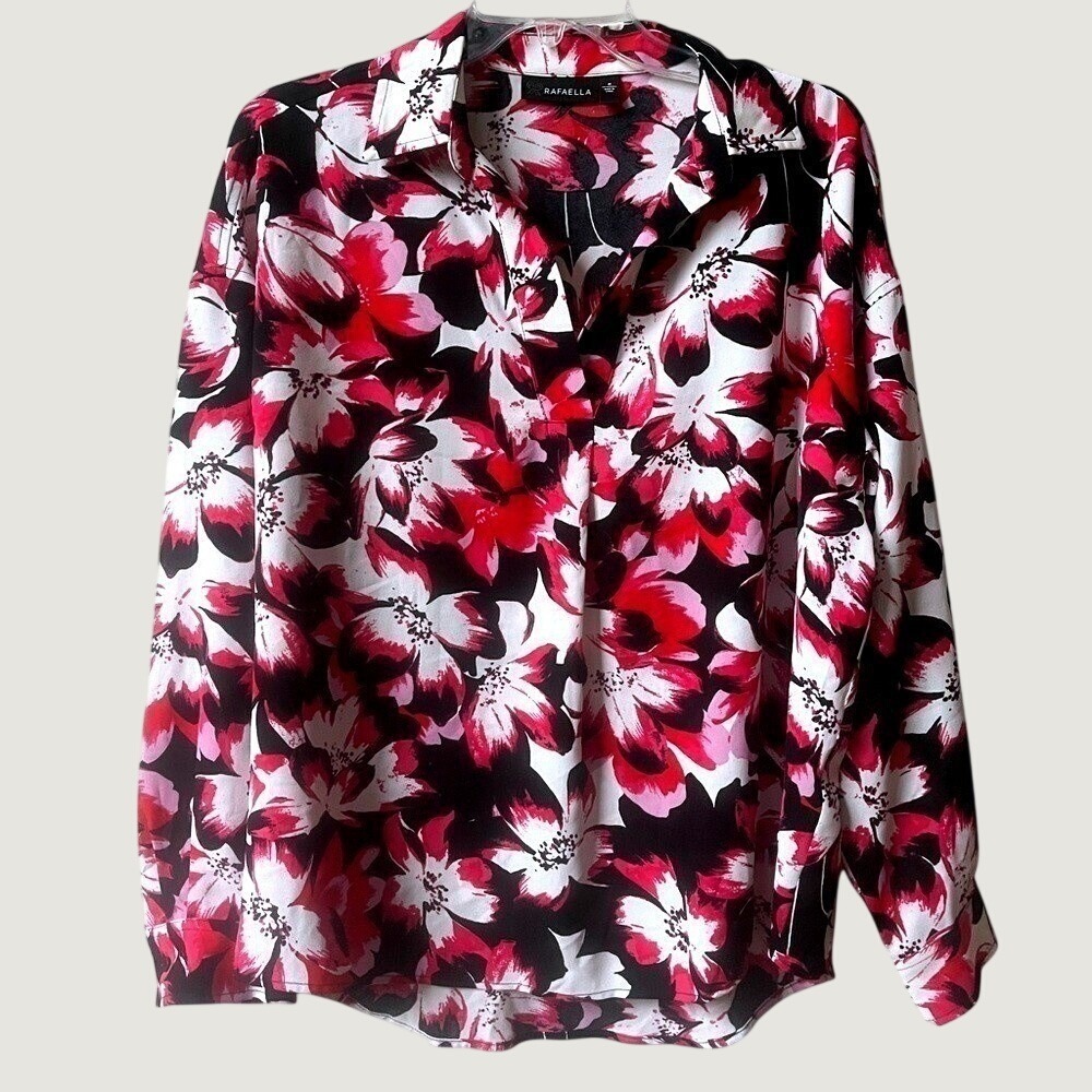 Rafaella Floral Blouse Womens Medium Pink Black Split Neck Long Sleeves Career